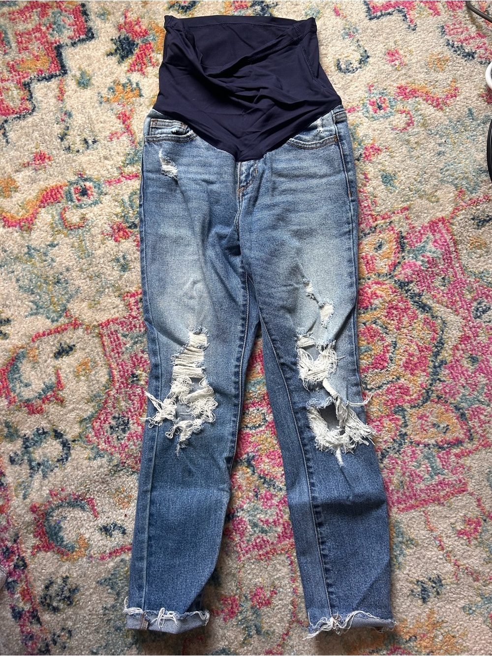 Pinkblush Light Blue Distressed Maternity Ankle Jeans with Navy Panel